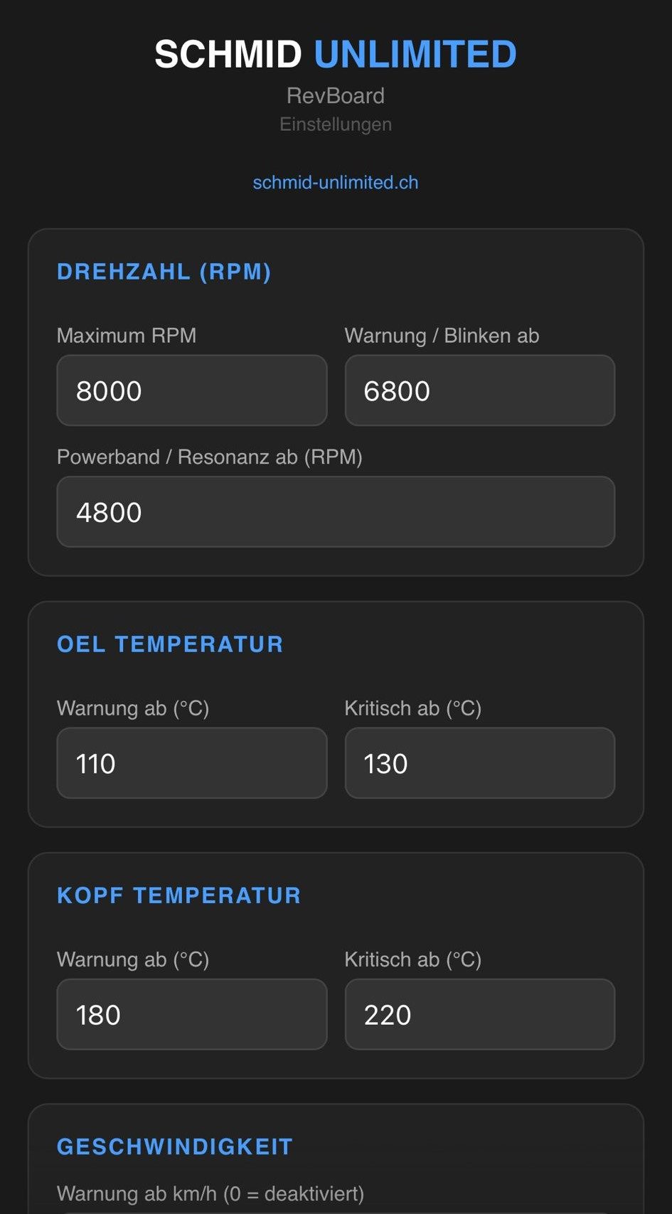 RevBoard Einstellungen App